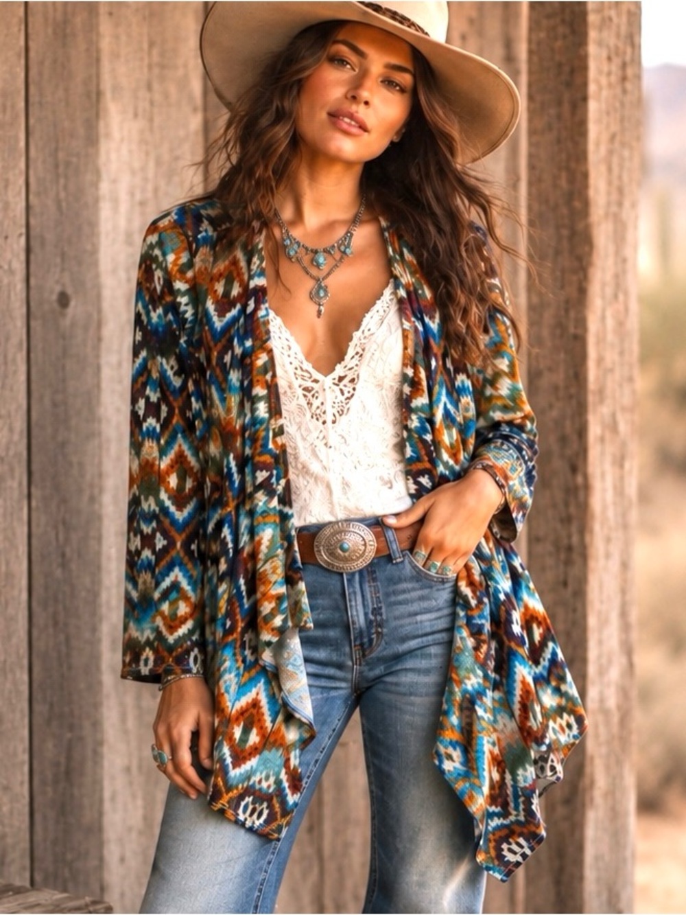 One World Southwestern Geometric Draped Cardigan - Earth Tones - Size 1X